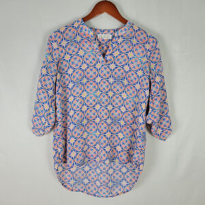 Pink Rose Shirt Womens Small Tunic Top Colorful Long Roll‎ Tab Sleeve Split Neck